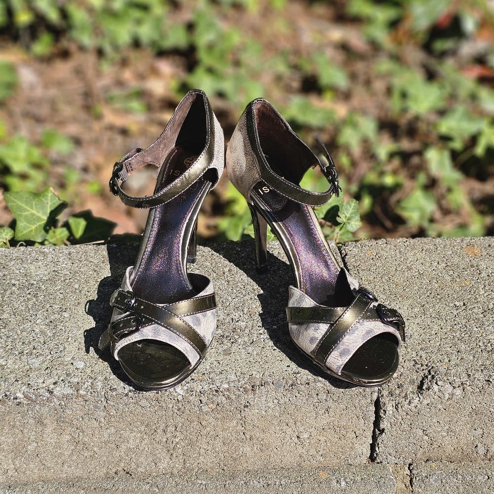 Metallic Open-Toe Ankle-Strap Heels - Women's
